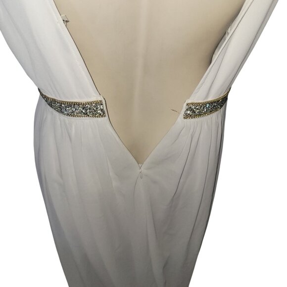 White Sleeveless Deep V-Neck Gown With Gold Glitter Waistband & Pleated Skirt Sm - Picture 9 of 9